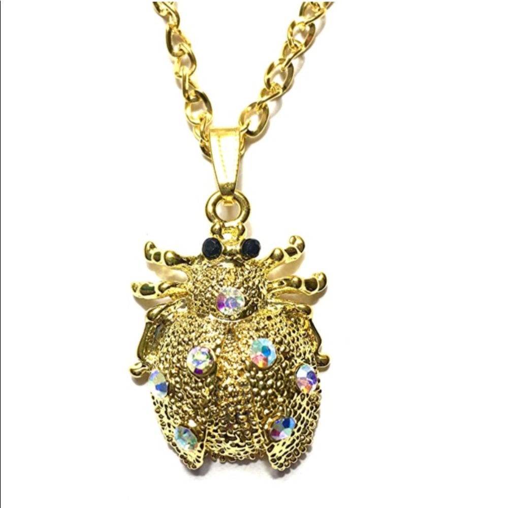 Ladybug Necklace Gold Tone Shimmering Rhinestones